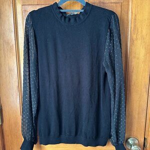 Adrianna Papell Sheer Sleeves Gold Detail Sweater Top - Small, Black